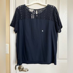 Van Heusen, Navy Blue Cut out Lace-High-Low-Elbow Sleeve Top with side slits.